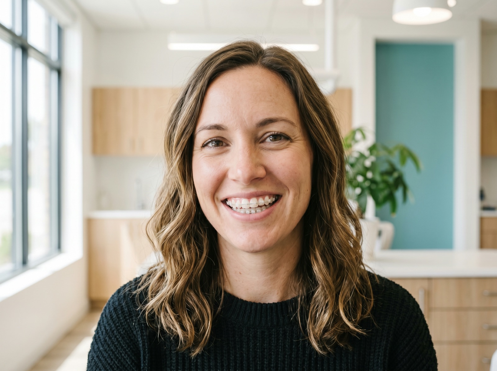 A confident adult smiling to show clear ceramic orthodontic braces