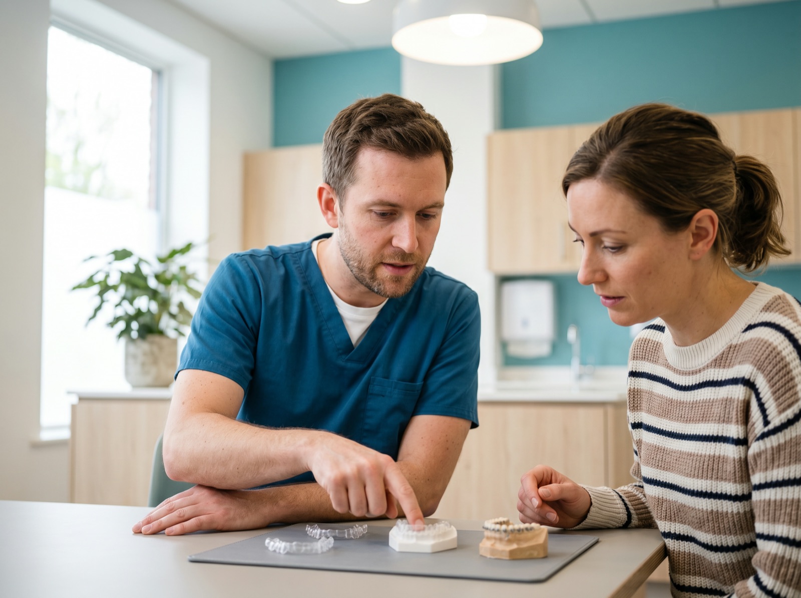 A dentist showing an adult patient orthodontic options with a model of braces