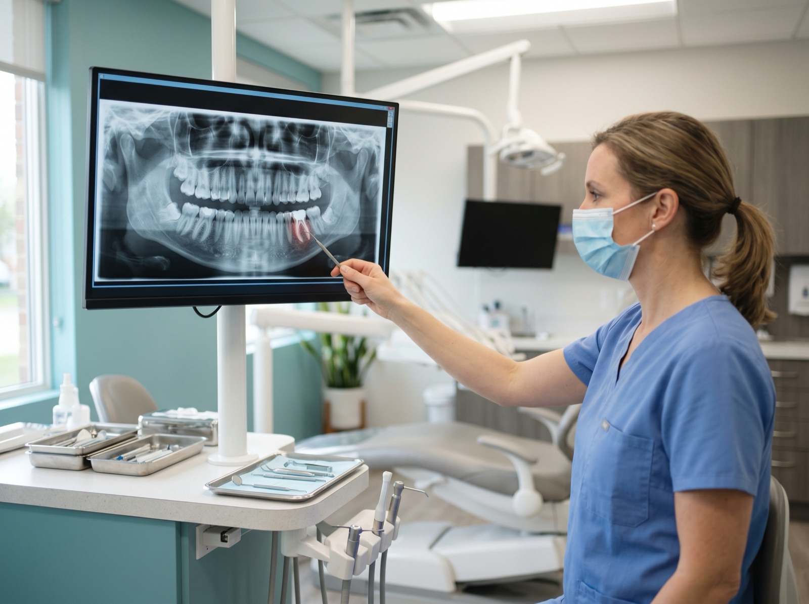 A dental x-ray on a backlit screen highlighting the apex (root tip) of a molar