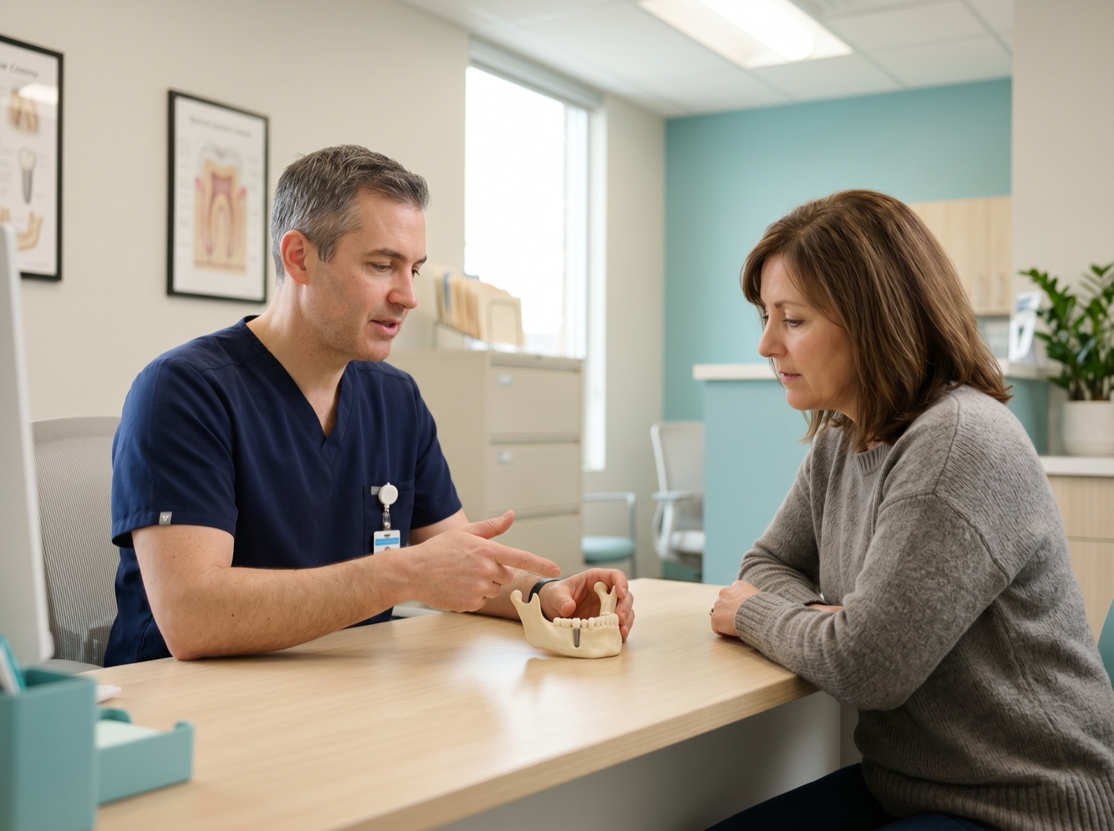 A dentist explaining a 3D jawbone and dental implant model to an attentive adult patient