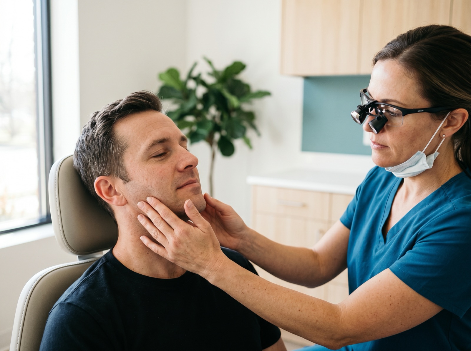 A dentist gently assessing a patient's jaw muscles near the temporomandibular joint