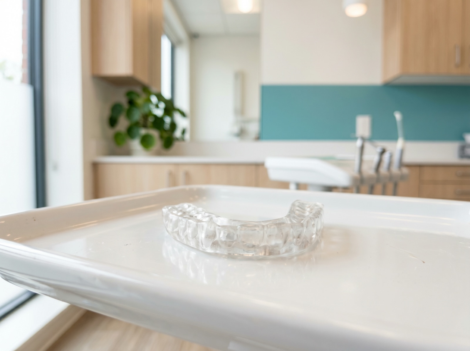 A clear custom acrylic night guard resting on a clinical tray