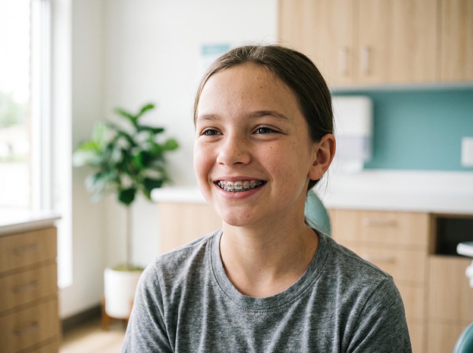A cheerful pre-teen smiling to reveal metal orthodontic braces