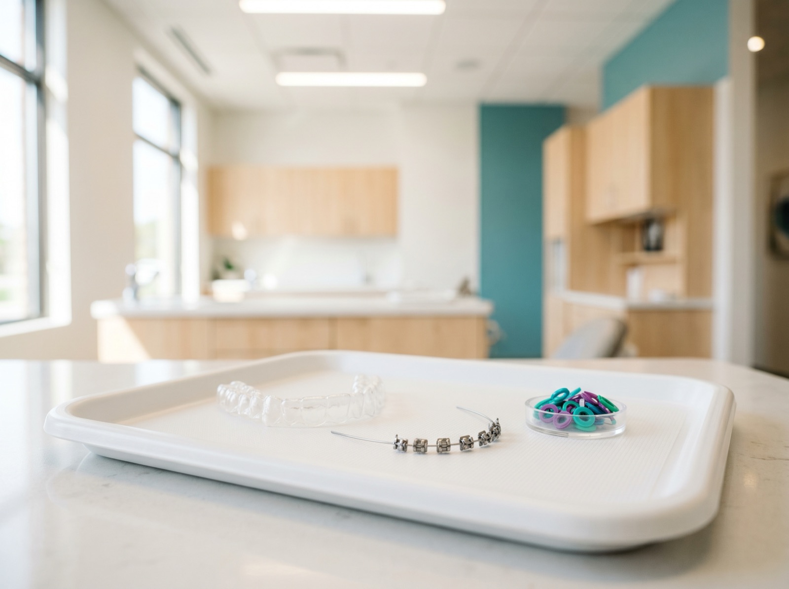 Orthodontic appliances — a clear retainer, braces brackets with archwire and elastic bands — on a clinical tray