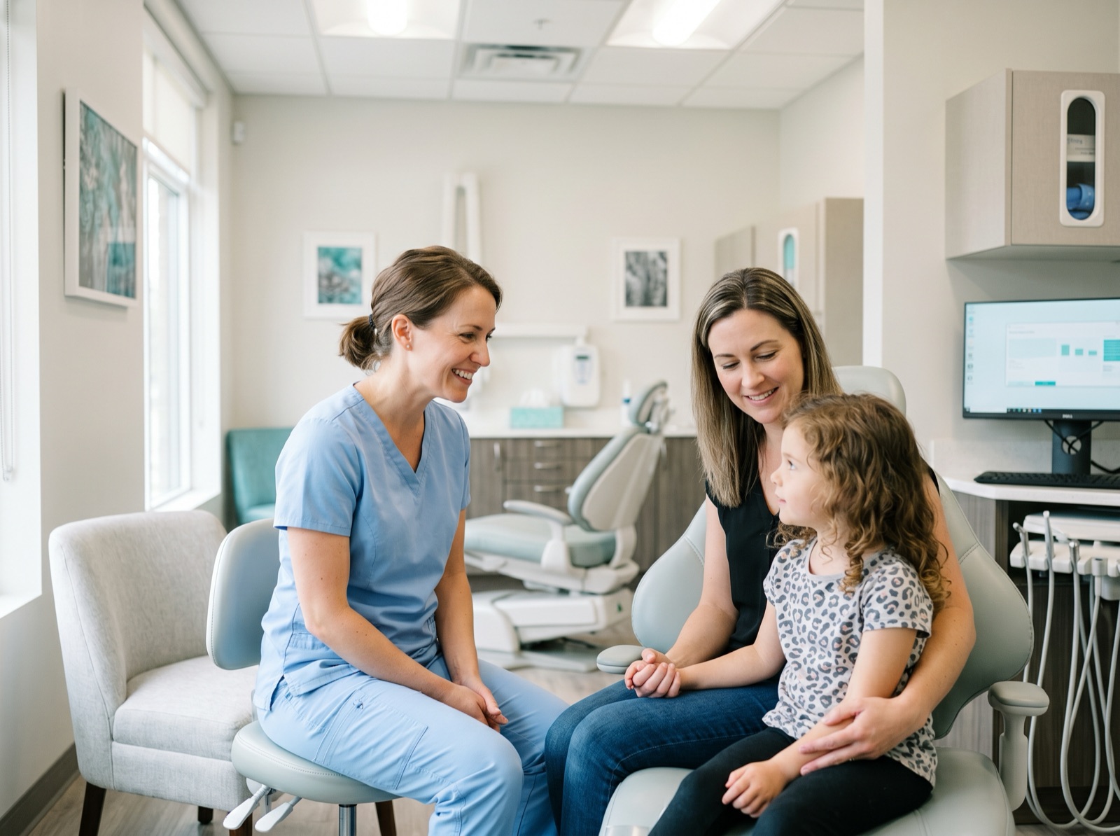 A friendly dentist talking warmly with a parent and young child in a welcoming consult room