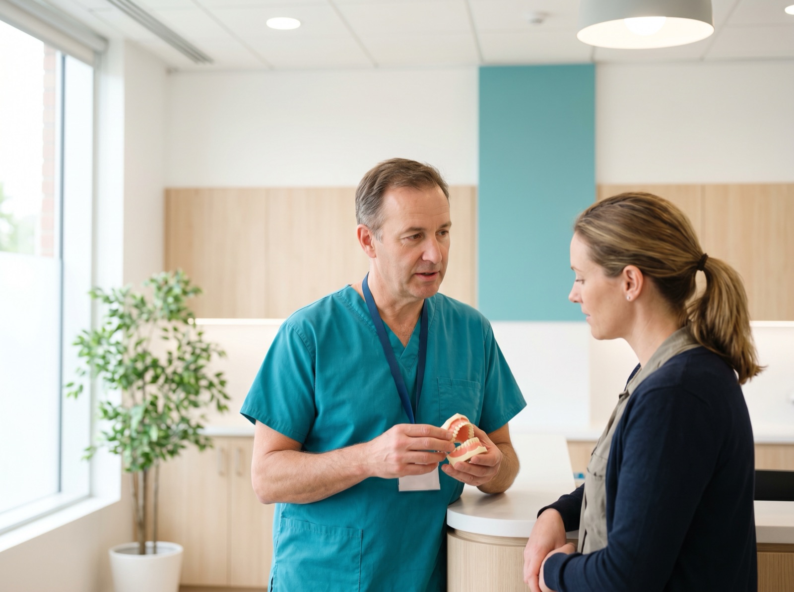An oral and maxillofacial surgeon discussing jaw alignment with a patient using a jaw model