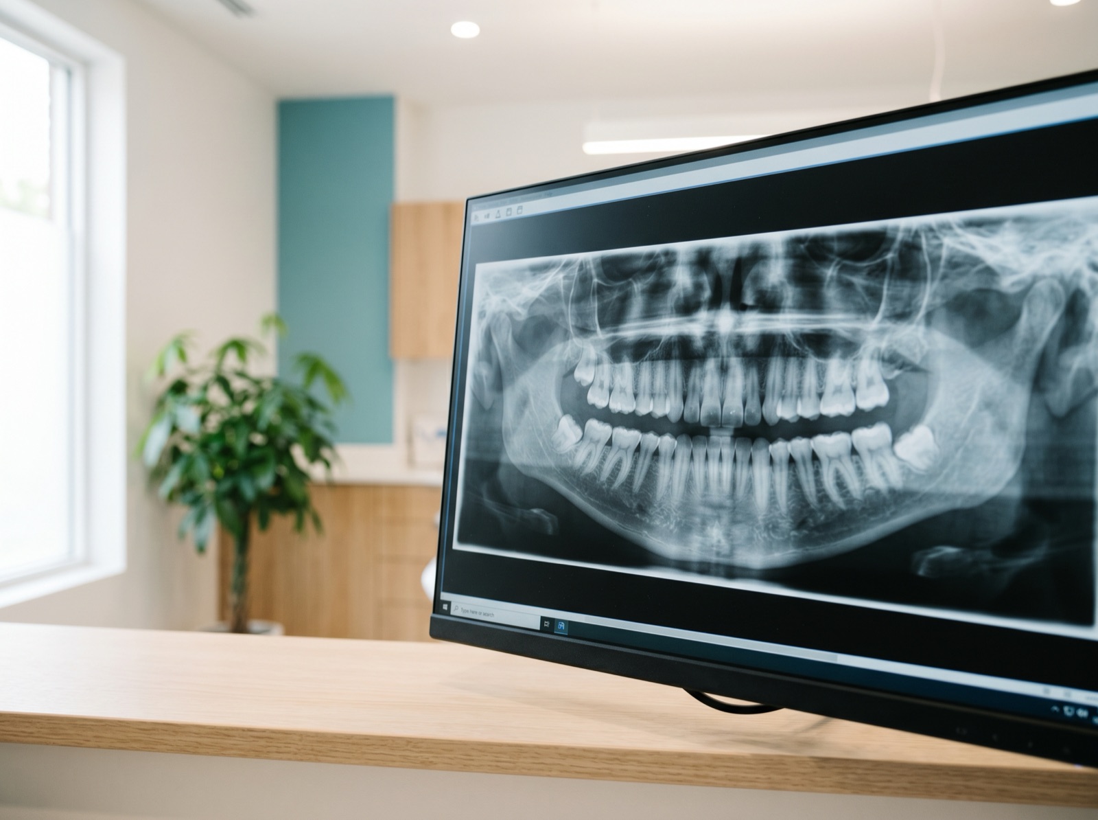 A panoramic jaw x-ray on a monitor showing upper and lower jaw alignment