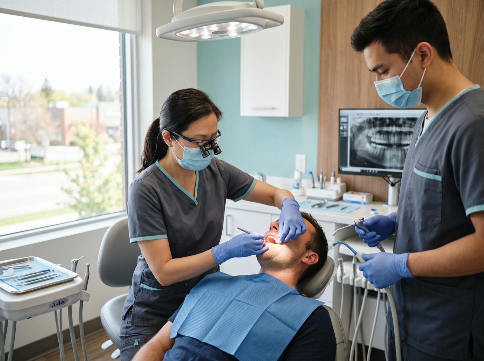 A dentist fitting a porcelain crown onto a prepared tooth while checking the bite in a modern operatory