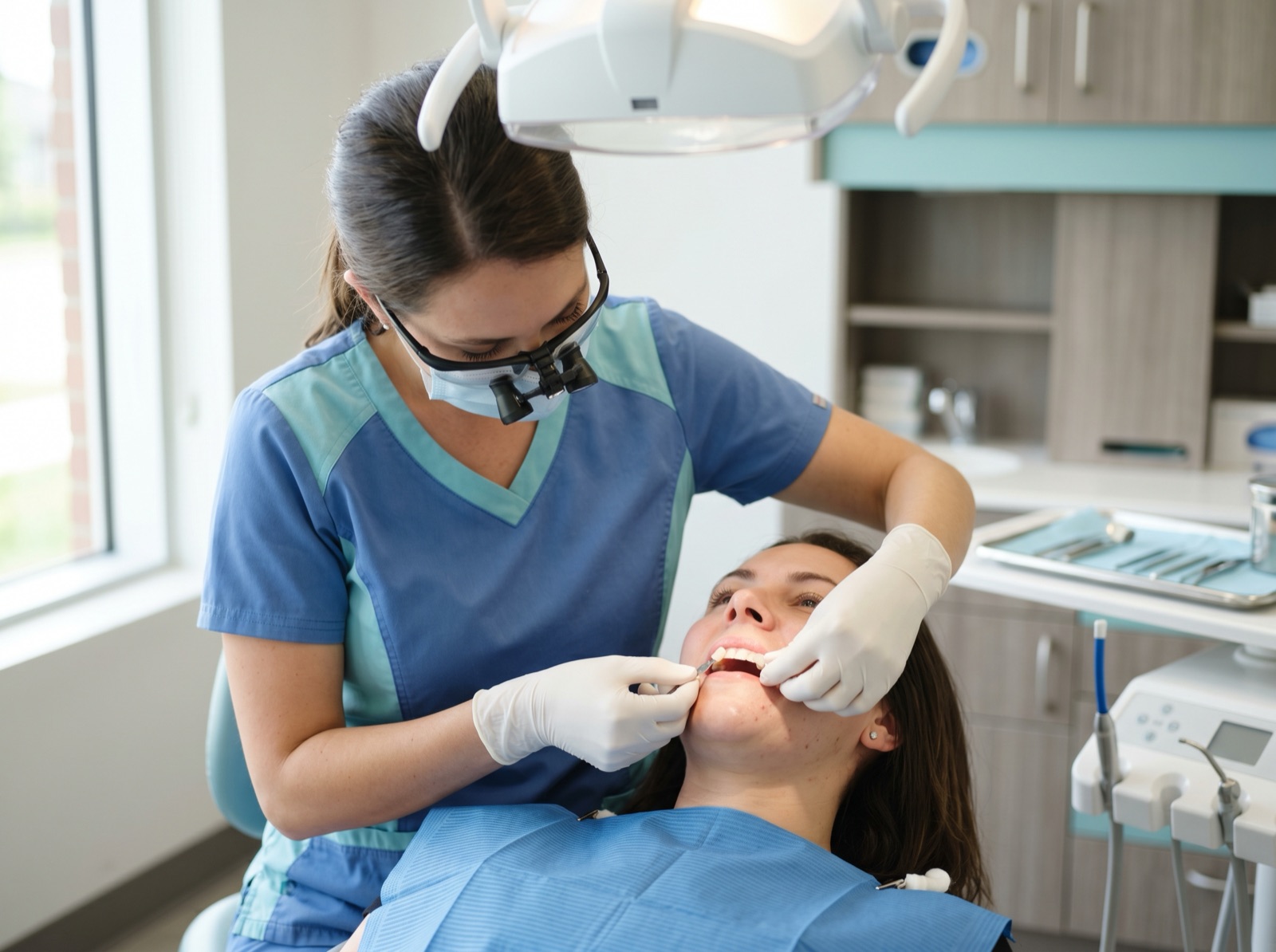 A dentist matching a tooth-coloured composite filling shade against a patient's teeth using a shade guide