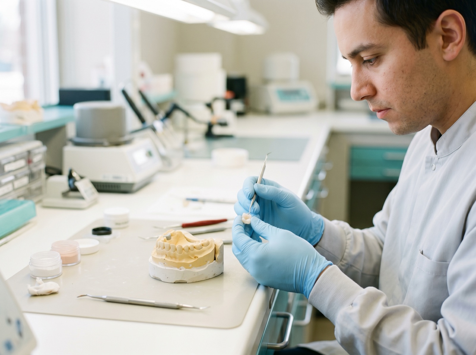 A dental laboratory technician crafting a custom porcelain inlay beside an impression mold