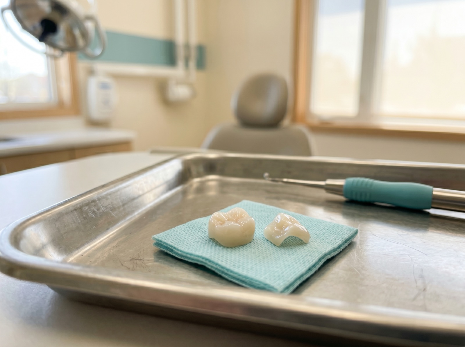A tooth-coloured porcelain inlay restoration resting in a clean dental tray, matched to natural enamel shade