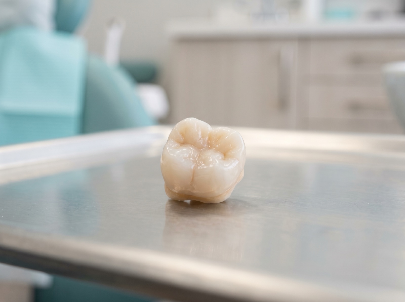 A porcelain onlay partial-crown restoration covering one chewing cusp of a molar, matched to natural enamel