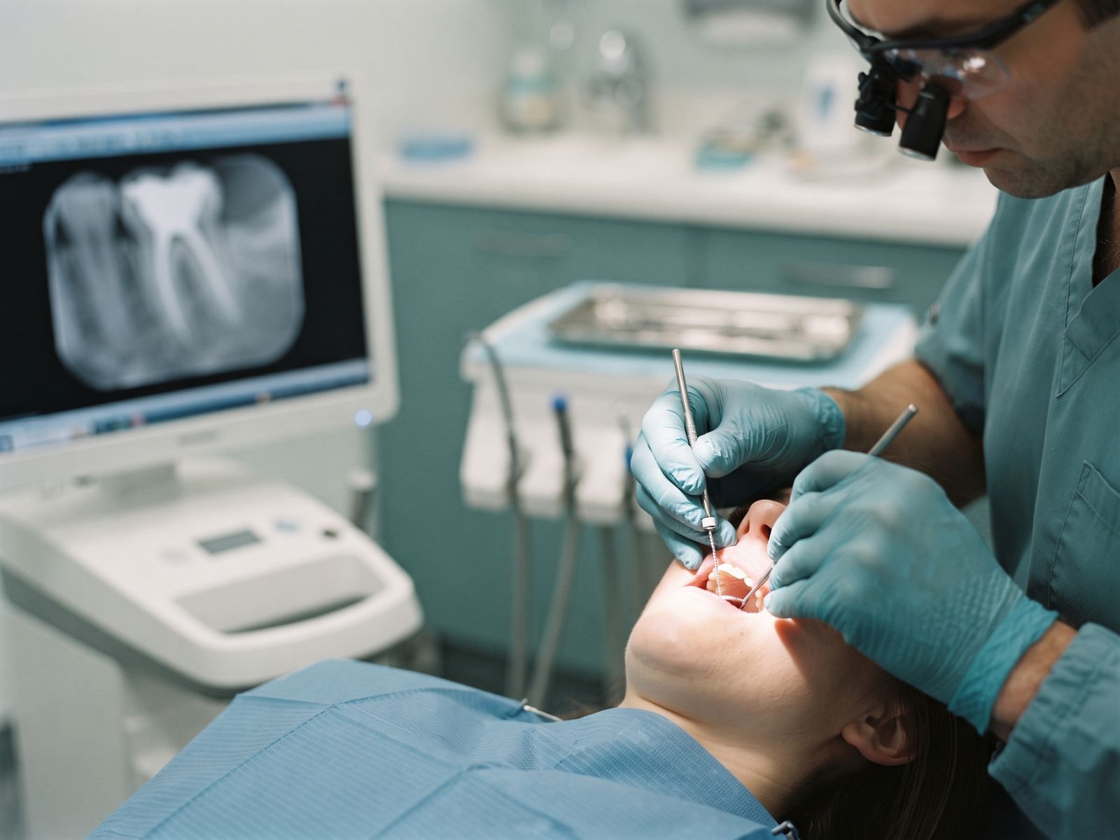 A dentist using fine endodontic files during root canal treatment beside an on-screen dental x-ray of a tooth root