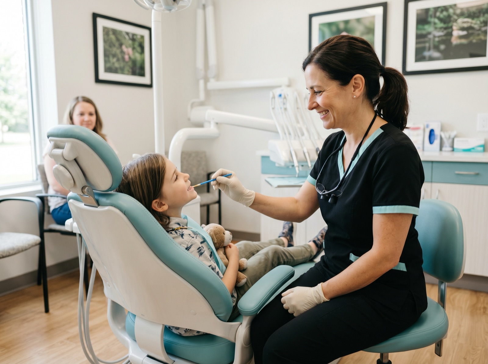 A calm child receiving a fluoride treatment from a friendly dentist during a check-up