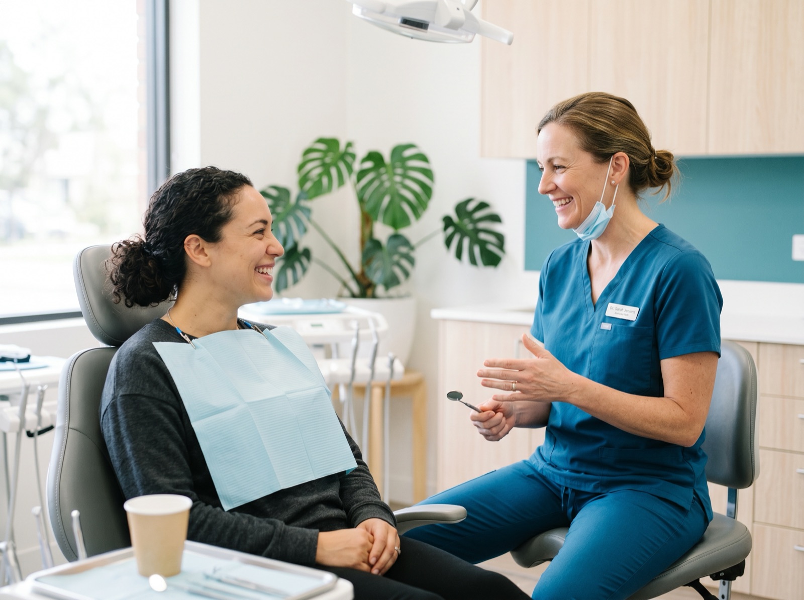 A dentist reassuring a relaxed patient during a routine checkup