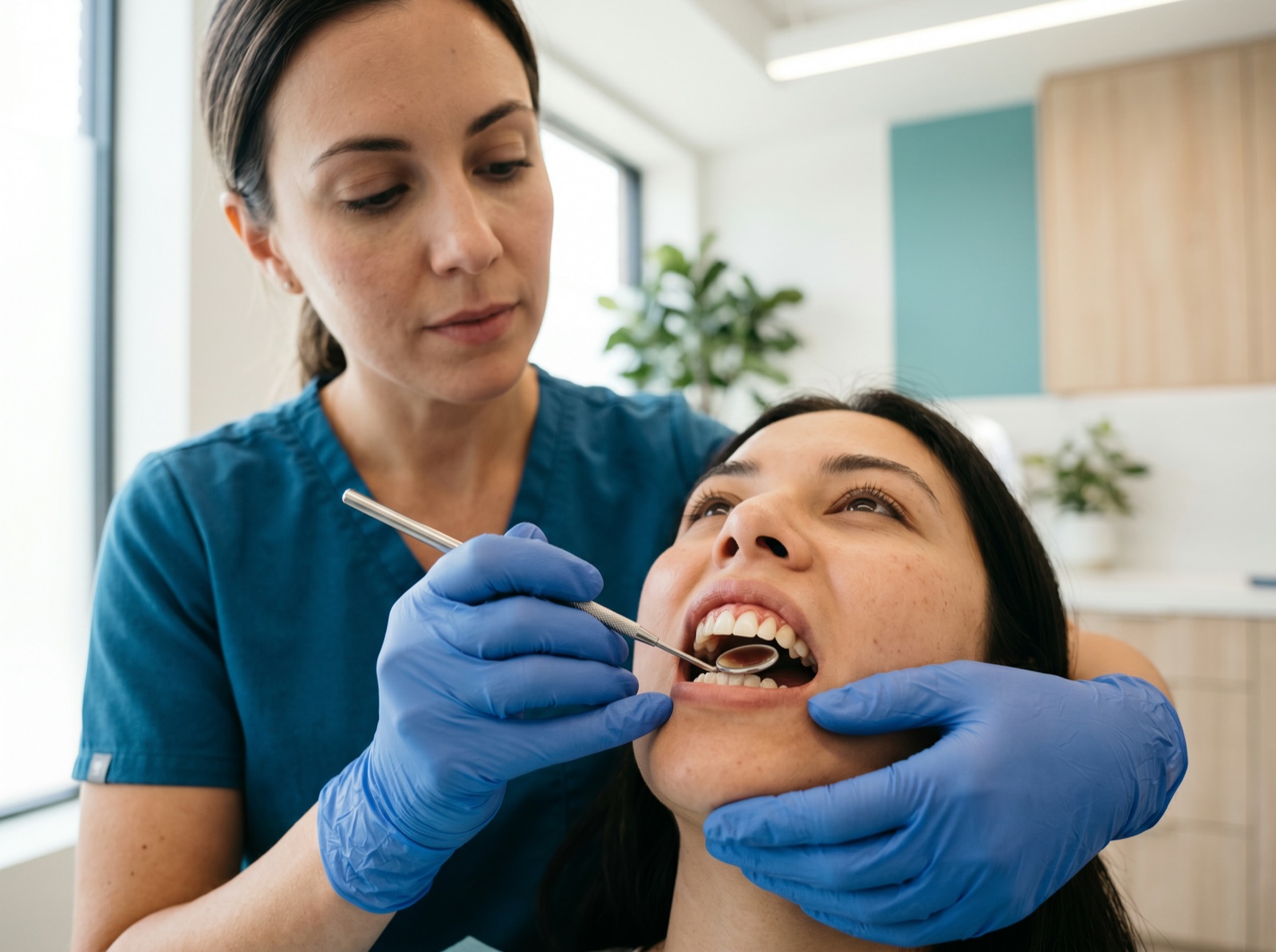 A dentist gently examining a patient's receding gumline with a dental mirror