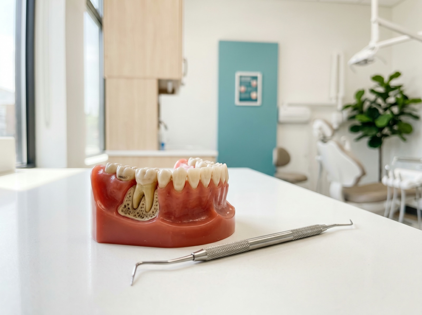 A dental demonstration model of a jaw section showing gum tissue and bone