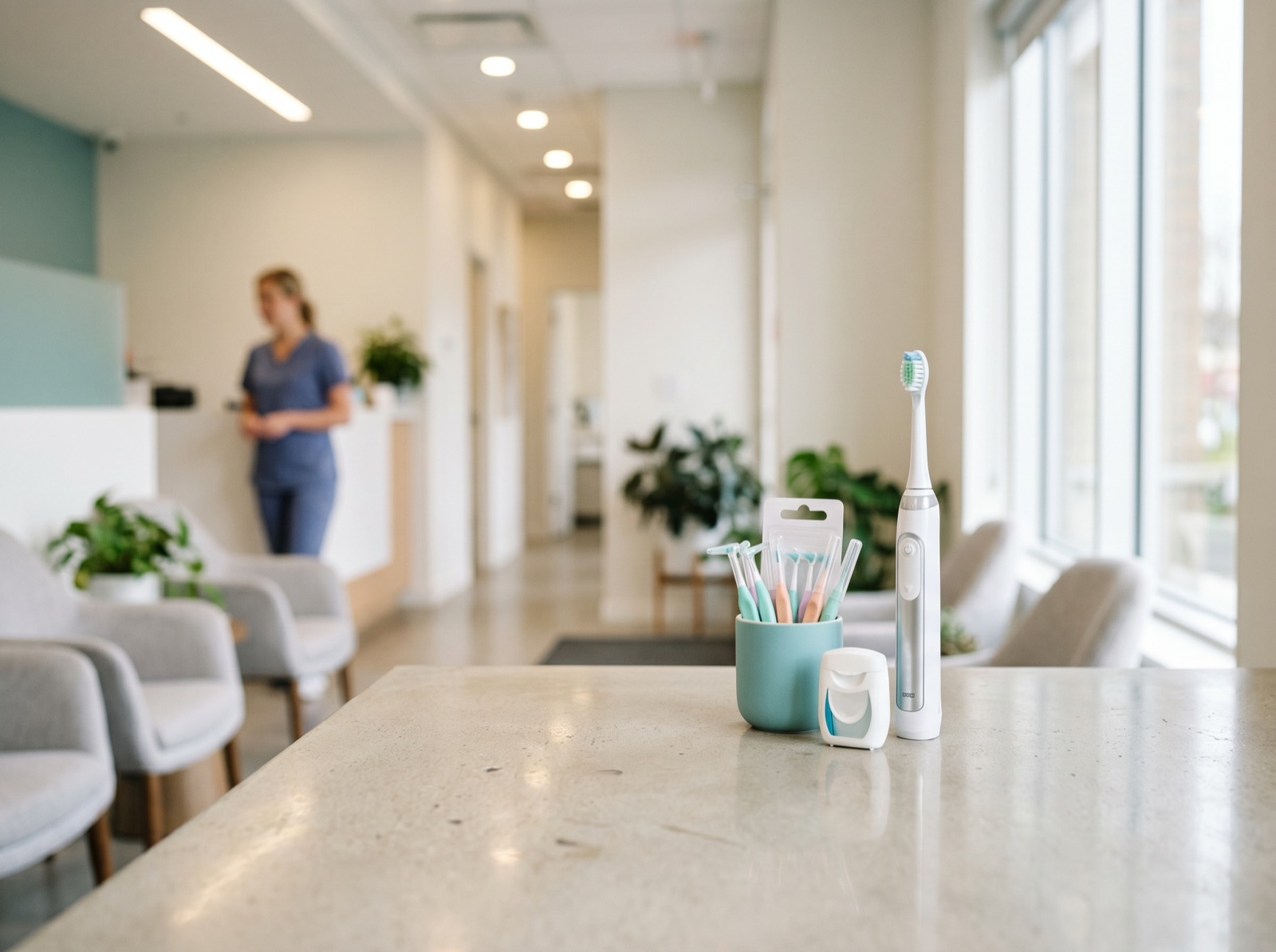 A modern electric toothbrush beside interdental brushes and floss on a clean counter with soft teal accents