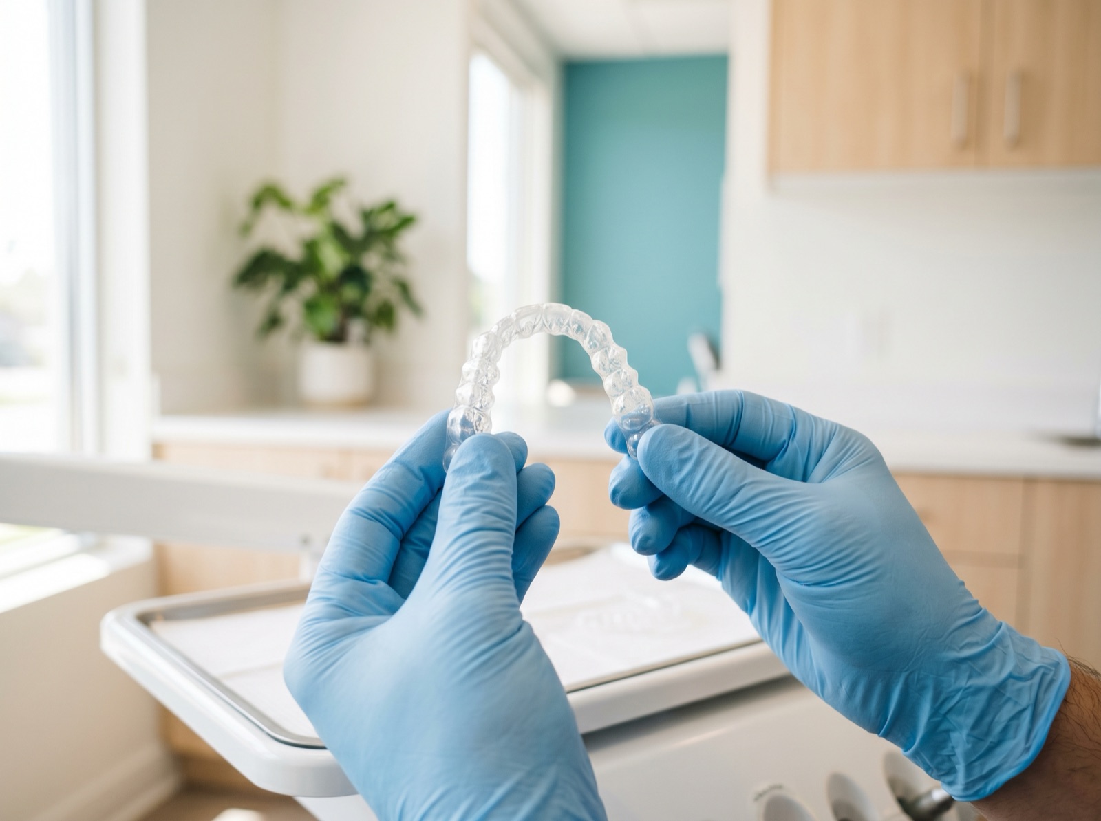 Clear Invisalign aligner trays held between a dentist's gloved fingertips