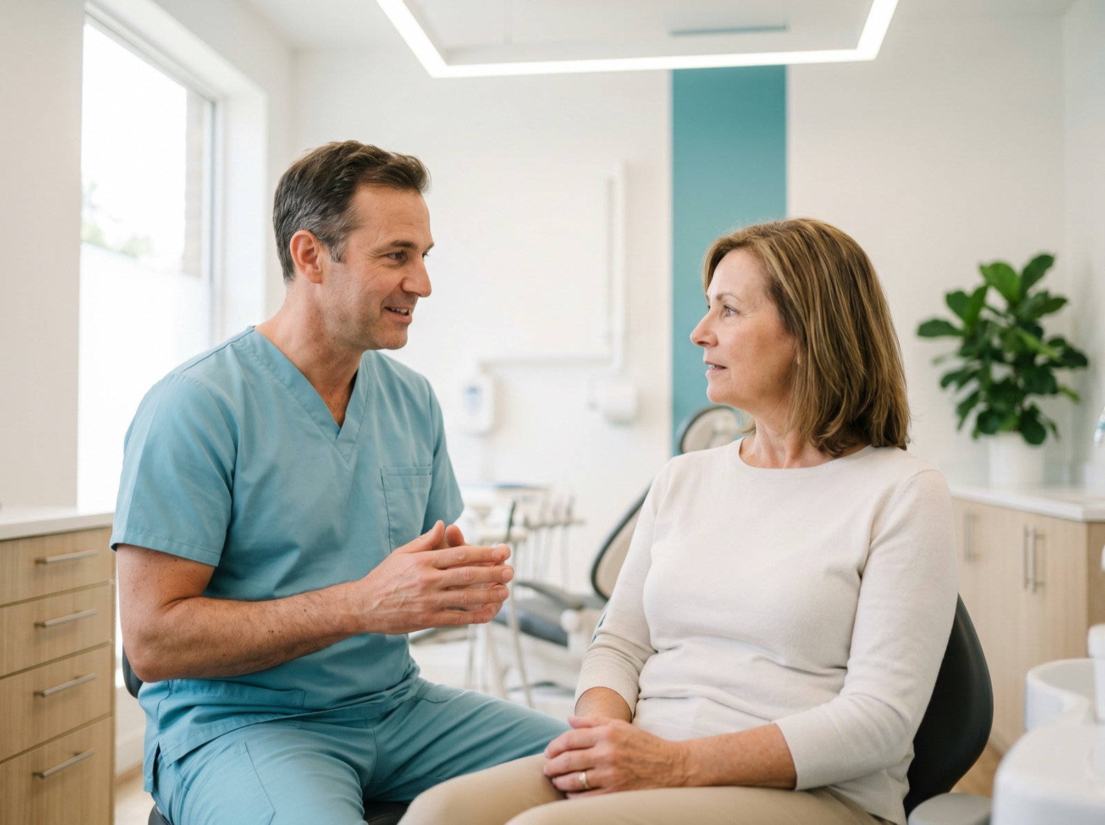 A reassuring dentist speaking with a patient after an examination