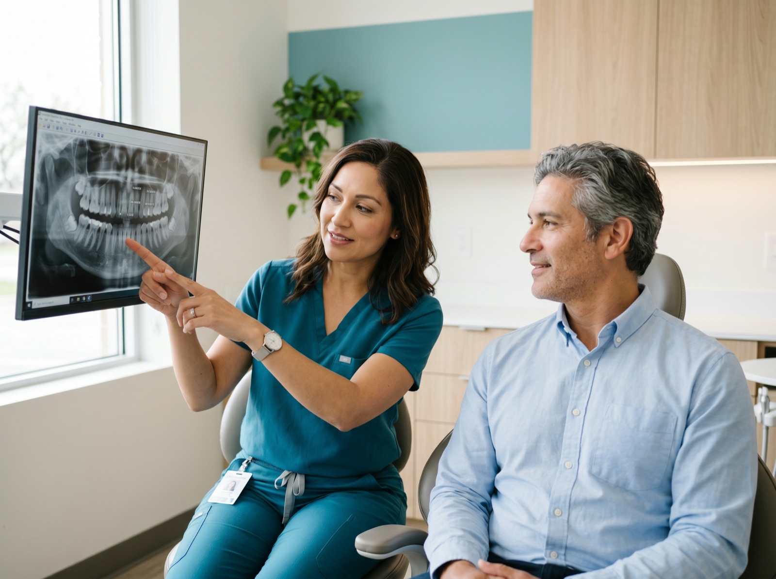 A dentist explaining gum-pocket depth to an adult patient using a dental x-ray