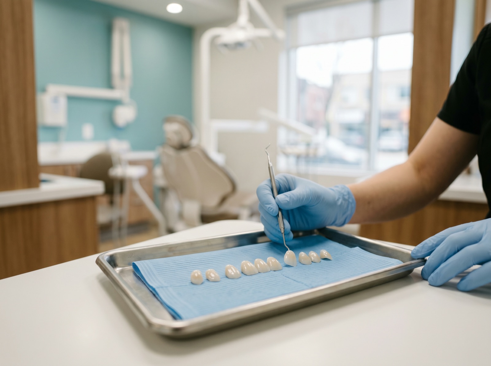 Several very thin tooth-shaped porcelain veneers resting on a clean clinical tray, delicate translucent porcelain
