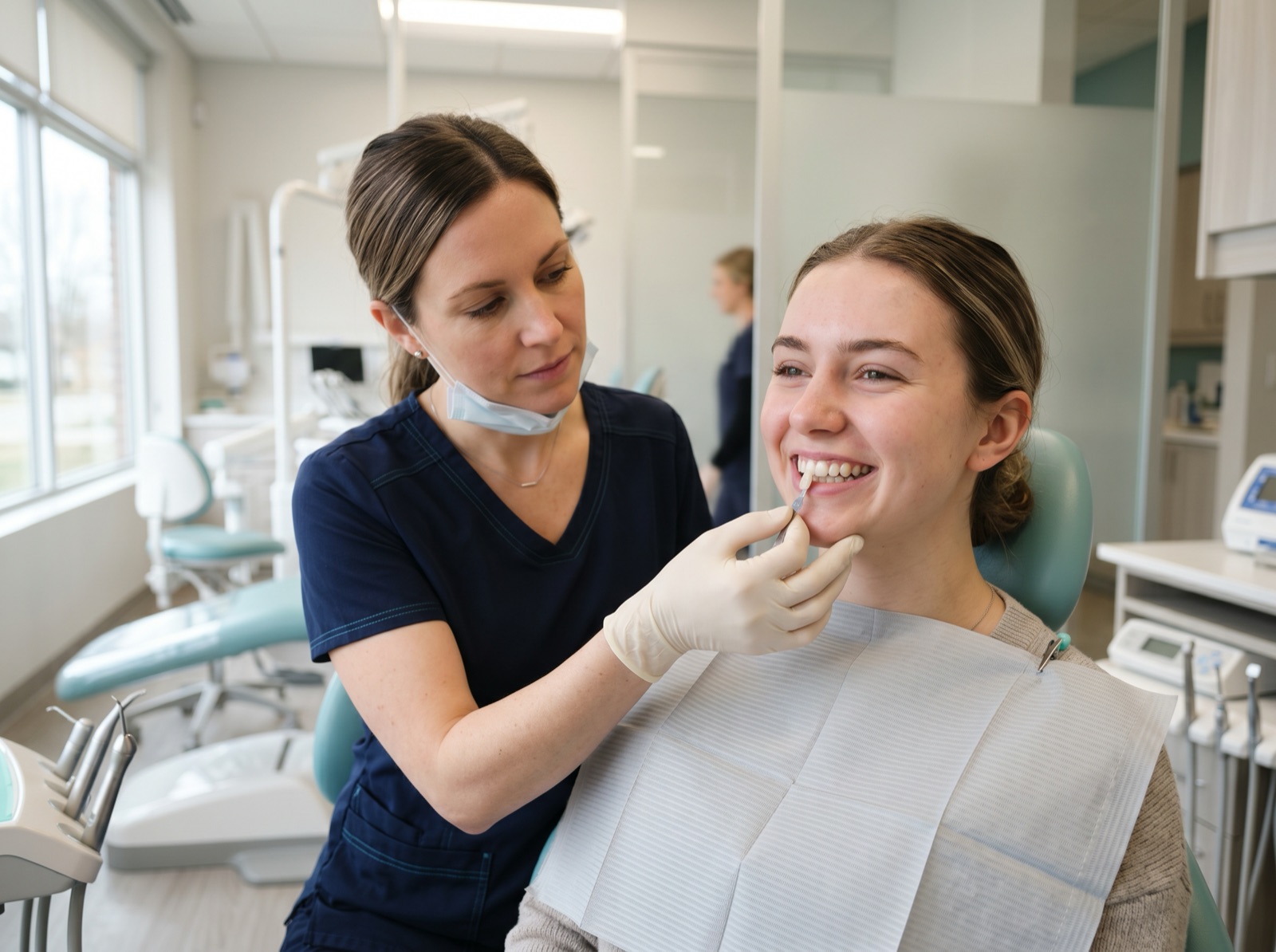 A dentist selecting a porcelain veneer shade against a patient's bright smile using a shade guide