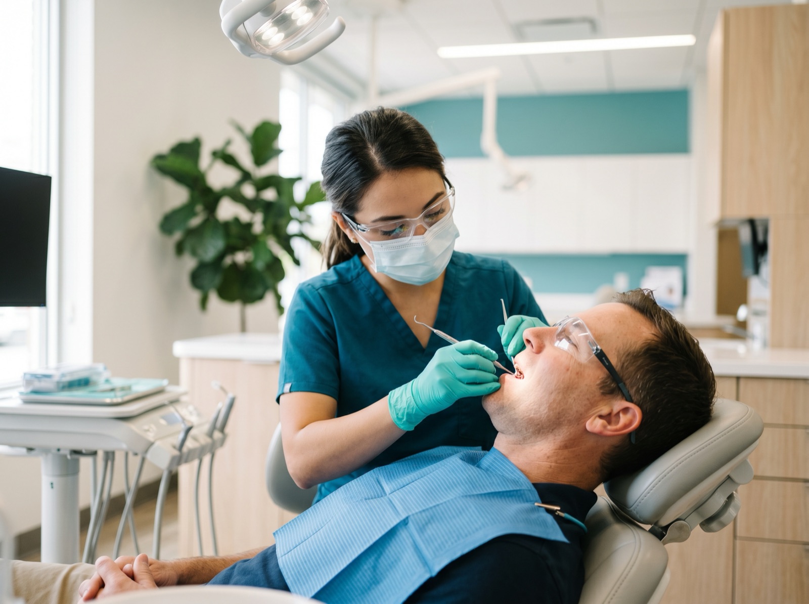 A dental hygienist performing deep scaling below the gumline on a calm patient