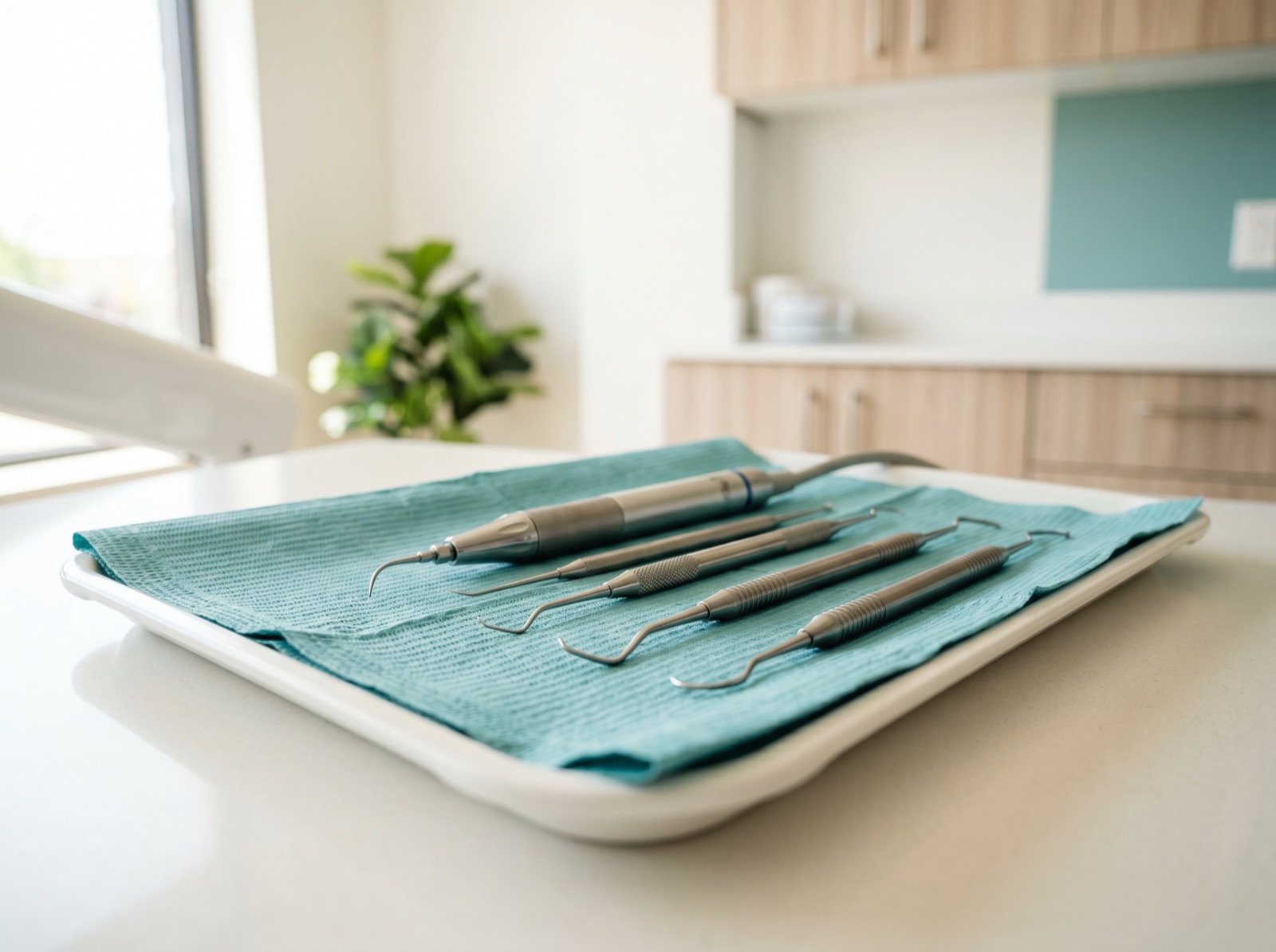 A flat-lay of scaling and root-planing instruments on a sterile clinical tray
