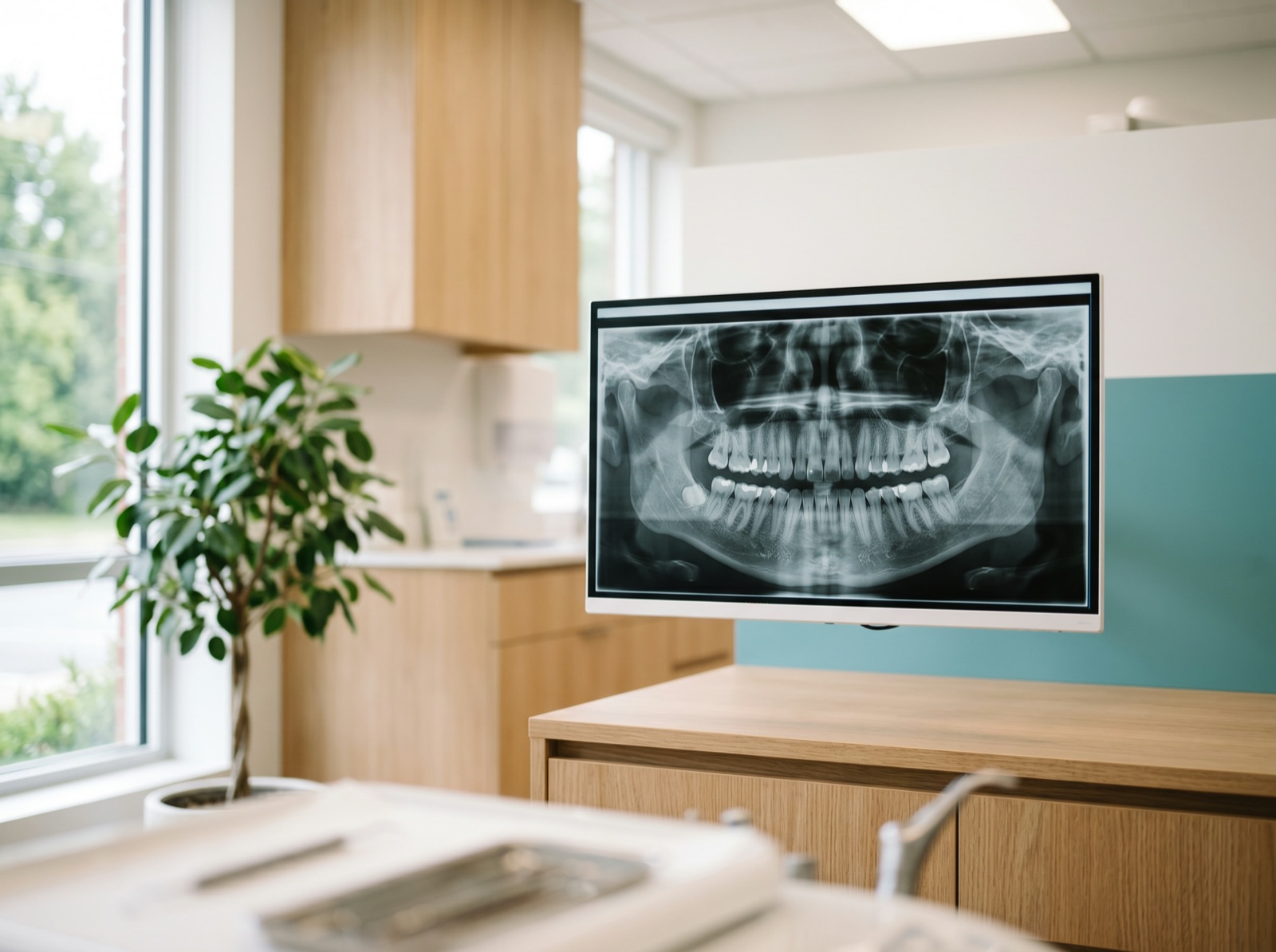 A CBCT dental scan on a wall monitor showing the upper jaw and sinus area
