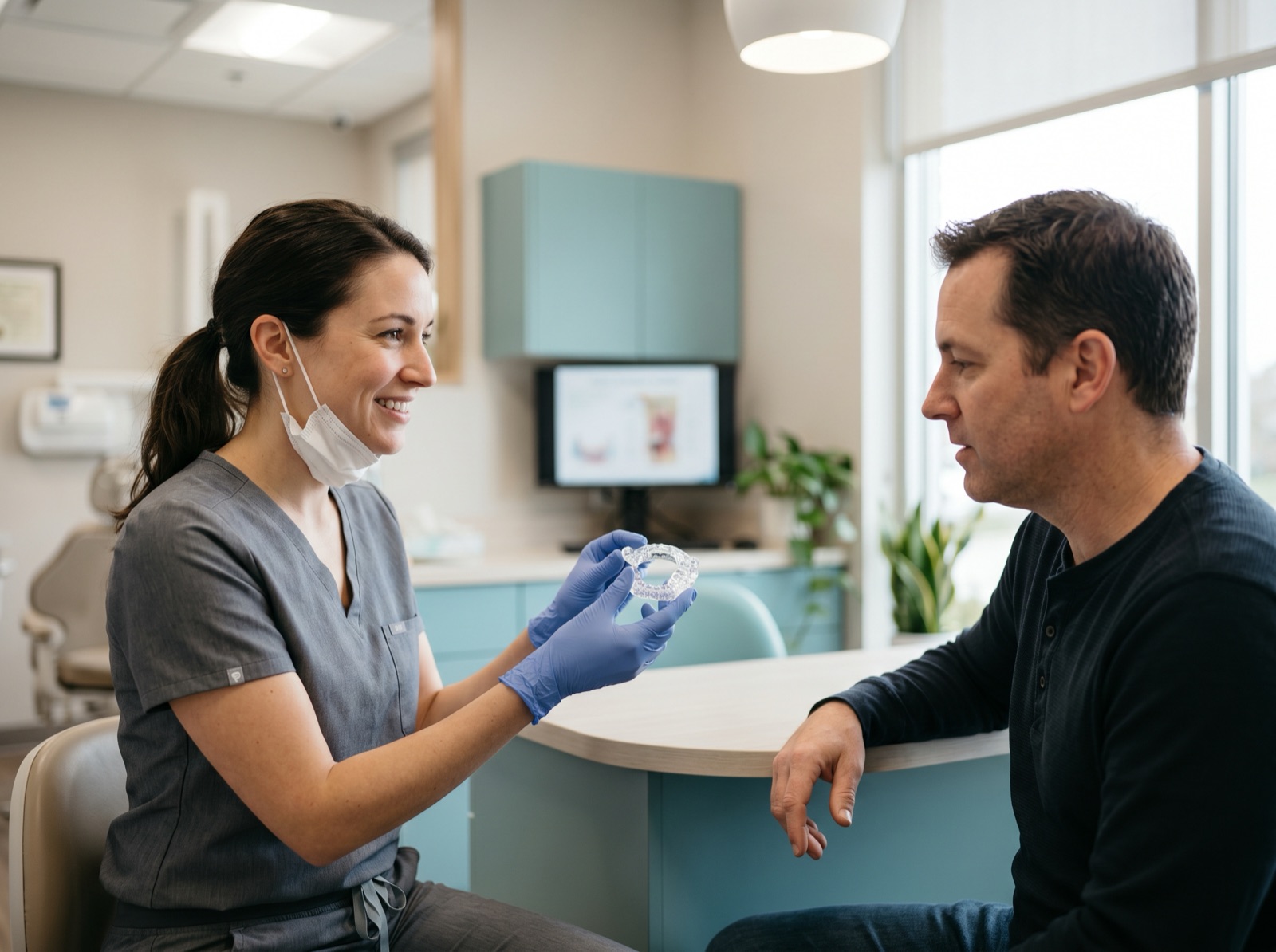A dentist showing a custom clear sleep-apnea oral device to an attentive adult patient