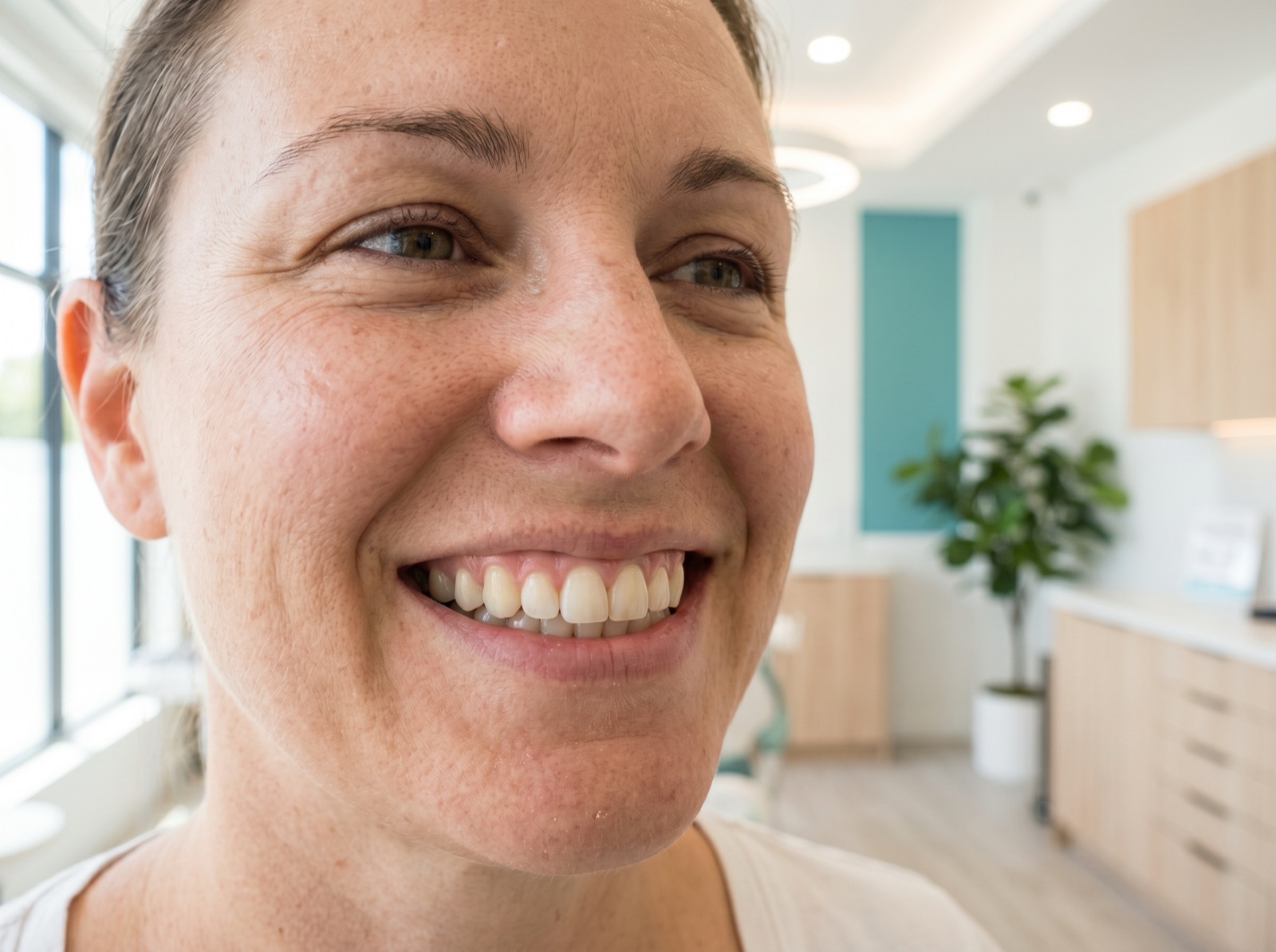A healthy adult close-up smile with restored gums covering the tooth roots