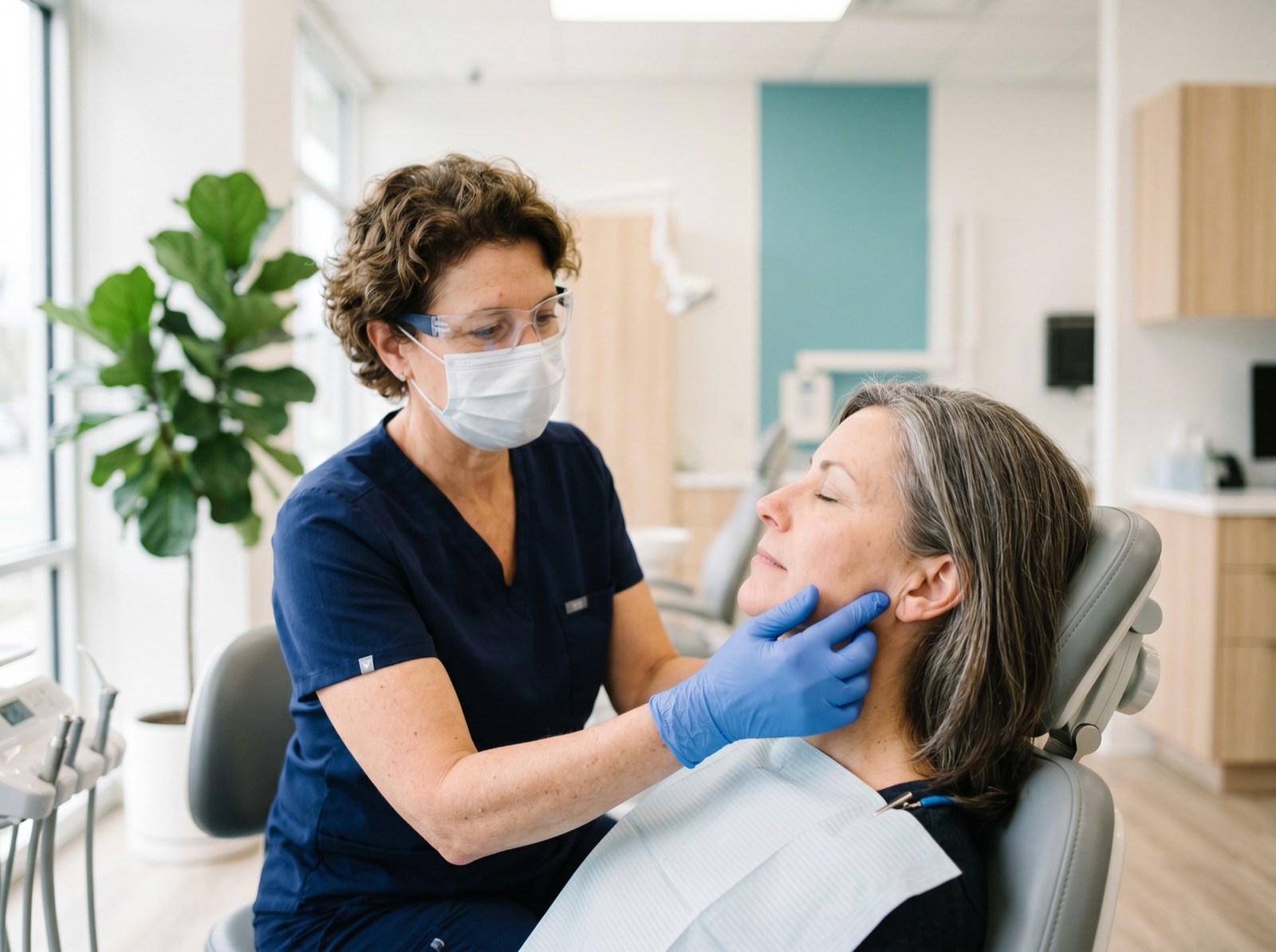 A dentist gently assessing a patient's jaw joint near the ear to evaluate the temporomandibular joint