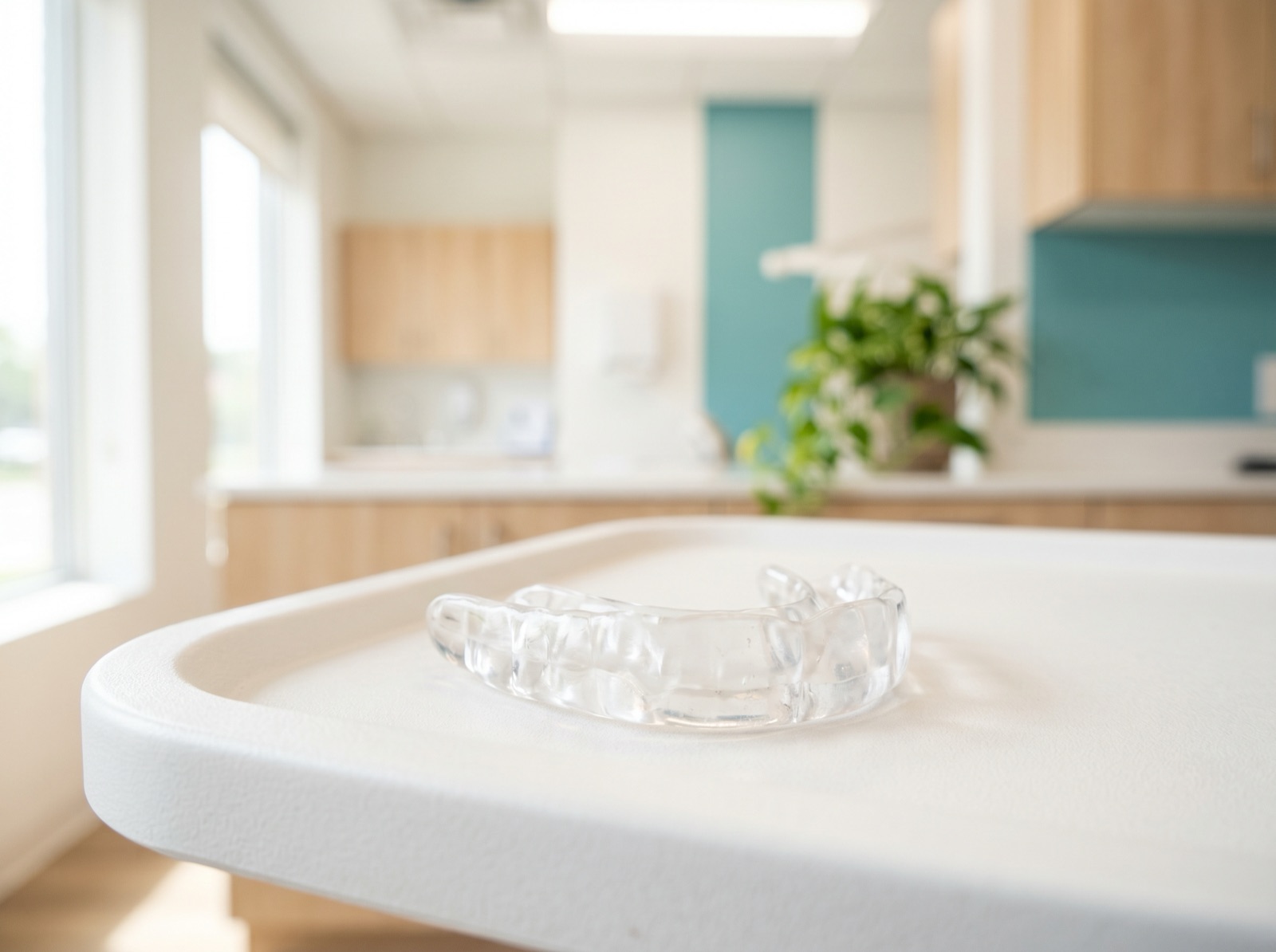 A clear custom acrylic bite guard resting on a clean clinical tray