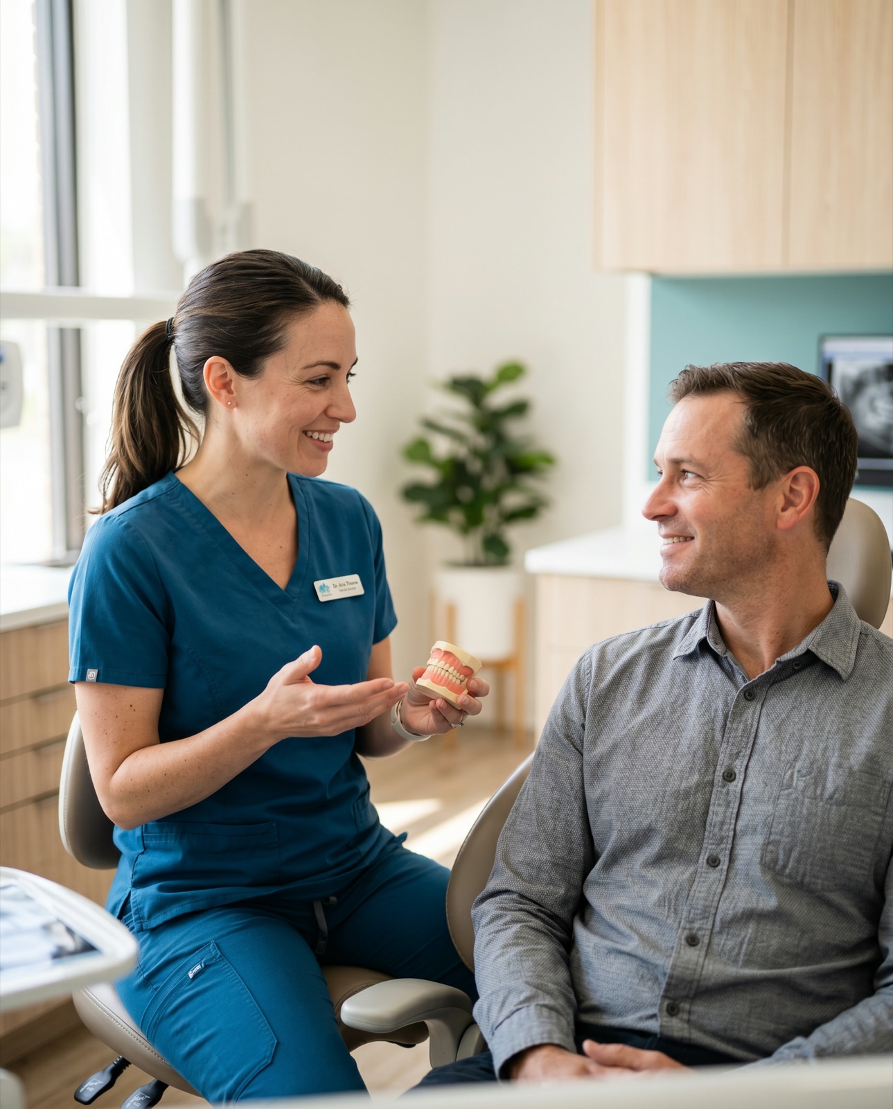 A friendly dentist showing a dental model to a relaxed, smiling patient at Trillium Dental Centre in Waterloo